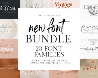 May include: A promotional image for a font bundle. The central text reads "new font BUNDLE" with "23 FONT FAMILIES" below. Various font samples are arranged around the central text, showcasing different styles and designs.
