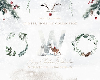 May include: Winter holiday watercolor clipart collection featuring a white fox, a deer, a reindeer, and wreaths with pine cones and greenery. The text "Snowy Christmas Watercolors with Gold Foil & Snow Overlays" is included in the image.