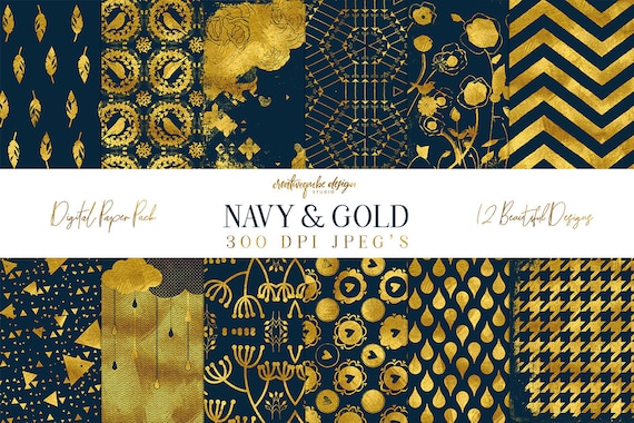 Digital paper, Digital Navy Gold Paper, Digital Scrapbook paper pack - Instant download - 12 Digital Papers - Gold Foil, Planner Printable