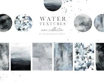 May include: A set of eight watercolor textures in shades of gray and blue. The textures are circular and rectangular, and they feature abstract patterns and designs. The text "WATER TEXTURES mini collection BY CREATIVEQUBE DESIGN" is displayed above the textures.
