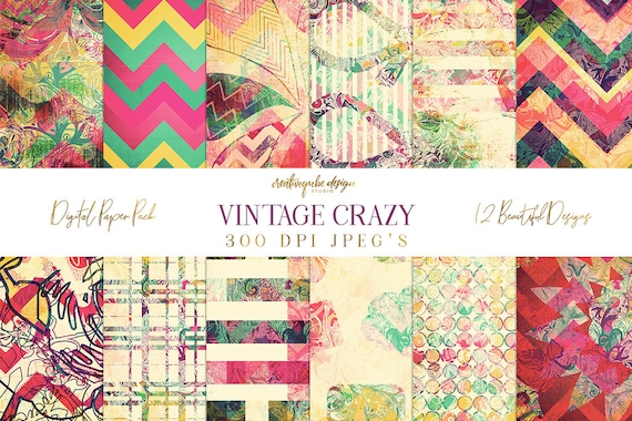 Digital paper, Digital Scrapbook paper pack - Instant download - 12 Digital Papers - Crazy vintage, Planner Printable
