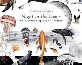 Aquarell Ozean Clip Art: Nachthimmel Wale, Fische, Muscheln (PNG)