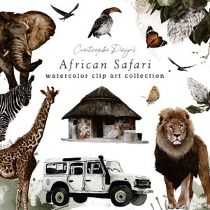 Clip Art ad acquerello - Safari africano con animali, fiori, paesaggi, jeep, capanna e 3 set di alfabeti - Download digitale PNG