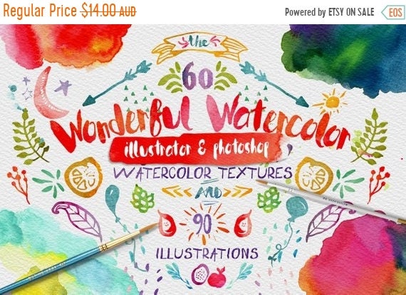 70% OFF Sale Wonderful Watercolor Textures Digital Graphic Design Kit - Hand Painted Textures and Illustrations for Adobe Photoshop