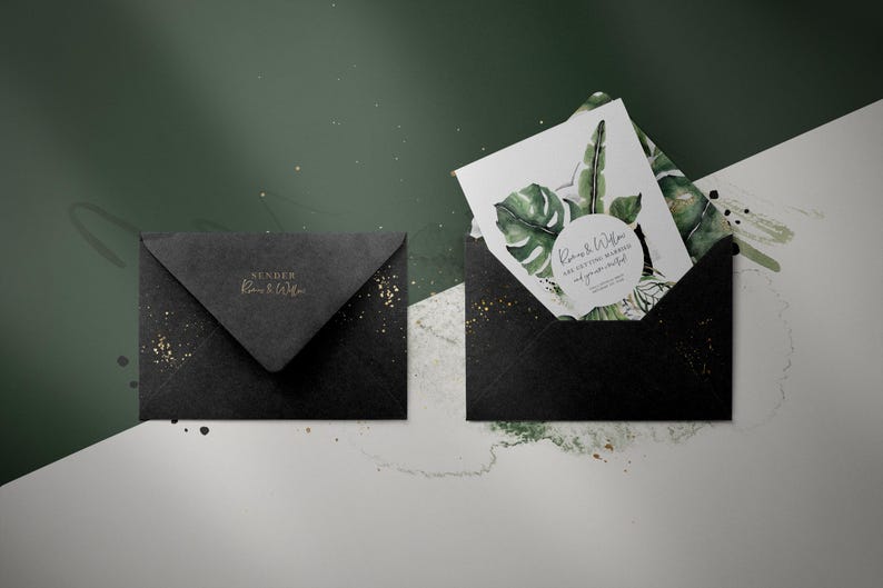 May include: Black envelope with gold glitter and a white card with green watercolor leaves and the text "Roni & Wilam Our Wedding Ceremony and your presence is greatly appreciated".