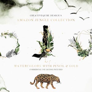May include: Watercolor illustrations of jungle foliage, a toucan, a jaguar, and geometric frames with gold accents. The text "CREATIVEQUBE DESIGN'S AMAZON JUNGLE COLLECTION" and "WATERCOLORS WITH PENCIL & GOLD COMMERCIAL USE LICENSE INCLUDED" is also included.