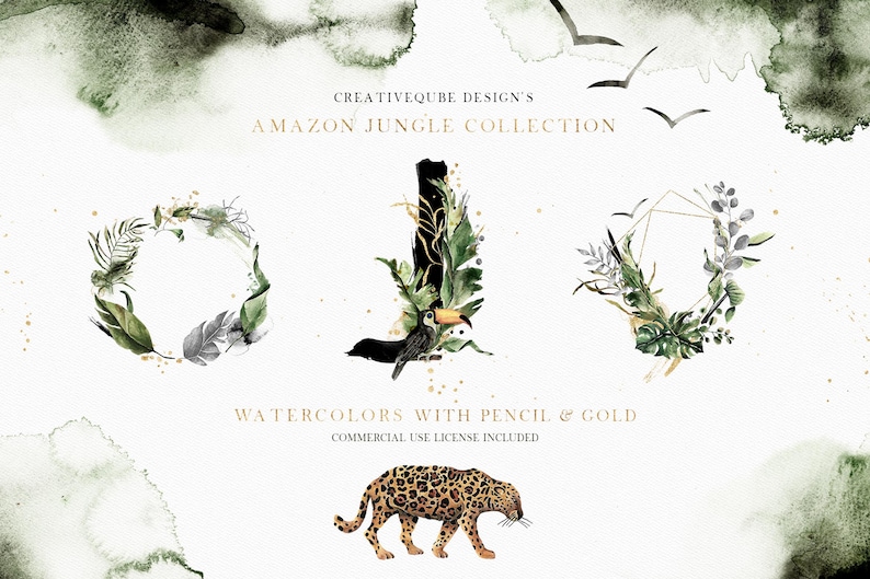 May include: Watercolor illustrations of jungle foliage, a toucan, a jaguar, and geometric frames with gold accents. The text "CREATIVEQUBE DESIGN'S AMAZON JUNGLE COLLECTION" and "WATERCOLORS WITH PENCIL & GOLD COMMERCIAL USE LICENSE INCLUDED" is also included.