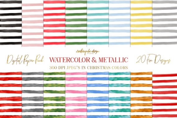 Digital paper, Watercolor & Metallic Stripes - 16 digital pattern backgrounds, Planner Printable