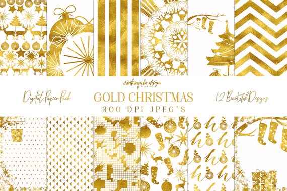 Digital paper, Christmas Gold Foil Paper, Digital Scrapbook paper pack - Instant download - 12 Digital Papers, Planner Printable