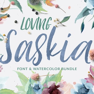 Calligraphy Font Bundle, Watercolor Clip Art, Digital Fonts, Wedding Font, Digital Paper, Script Font, Digital Download, Loving Saskia image 1