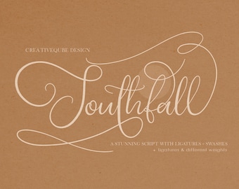 May include: A white script font called "Southfall" on a brown background. The text says "A stunning script with ligatures - swashes + ligatures & different weights".