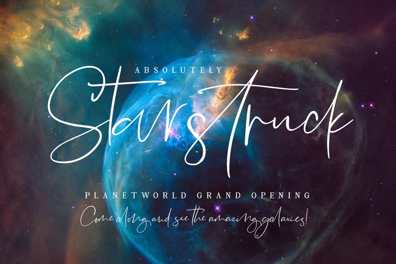 Puede incluir: Un fondo de nebulosa colorido con el texto "ABSOLUTELY STARSTRUCK PLANETWORLD GRAND OPENING Come along and see the amazing galaxies!" en fuente cursiva blanca.