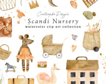 Aquarell Kinderzimmer Clip Art - Scandi Rattan Spielzeug, Cottagecore PNG