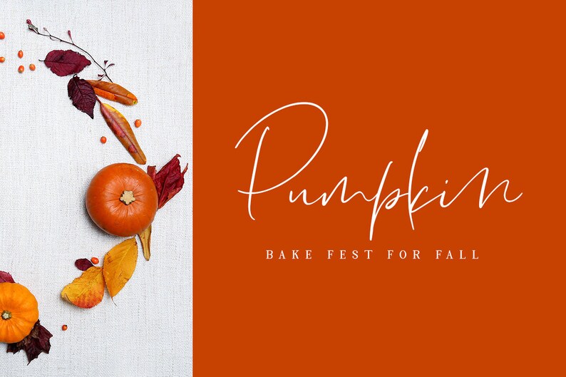 Puede incluir: Un fondo blanco con una peque&ntilde;a calabaza naranja y hojas de oto&ntilde;o. El texto "Pumpkin Bake Fest for Fall" est&aacute; sobre un fondo rojo.