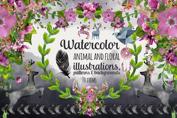 Watercolor Digital paper, Digital Clipart, Instant download, Animals, Floral Flowers, Antlers, Backgrounds, Stickers, Planner Printable