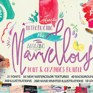 Marvellous fonts Bundle, wedding fonts, Handwritten fonts,  Watercolor Clipart, Digital Paper