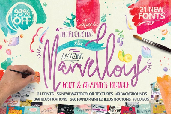93% OFF Sale, Marvellous fonts Bundle, Digital Fonts and Graphics Deal, Brand New from Creativeqube, Watercolor Clipart, Digital Paper