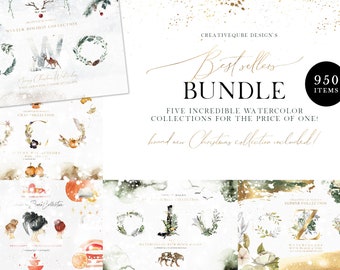 Aquarell Clipart Bundle: Weihnachten, Herbst, Hochzeit, Florale Grafiken