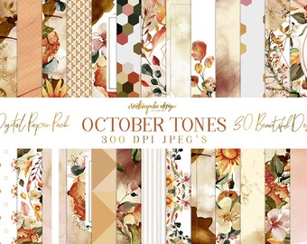 Paquete de papel digital floral: Flores de acuarela de octubre (30 fondos)