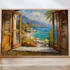 Öffnen-Fenster-Ansicht Wand-Kunst-Mittelmeer-Küstenplakat Luxus-Strandhaus-Druck Seaside Impressionismus Malerei Rustikale Villa Landschaftskunst