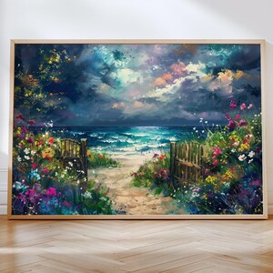 Stampa artistica Cottagecore Seaside Path, oceano costiero malinconico, cielo tempestoso, spiaggia floreale, poster, paesaggio da giardino, natura romantica, decorazione da parete