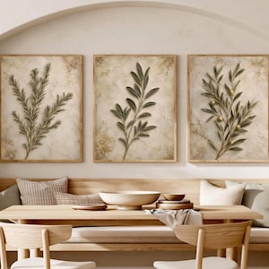 Set van 3 wanddecoraties met keukenkruiden, olijf-, rozemarijn- en salieprints, botanische kunst, reliëf wanddecoratie, neutrale rustieke keukenwanddecoratie