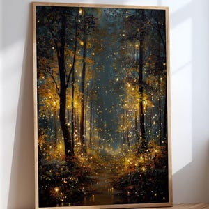 Stampa artistica della foresta magica, luci fatate, decorazioni della foresta incantata - Stampa artistica della notte mistica, stampa della foresta incantata, poster artistico della natura con lucciola