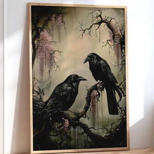 Raven Couple Wall Art Dark Gothic Crow Print Mystical Forest Poster Witchy Artwork Raven Print Romantic Crow Dark Academia Cottagecore