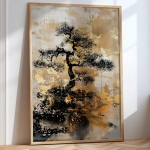 Póster de árbol bonsái, pintura en tinta, arte mural japonés minimalista, impresión zen serena, decoración tranquila de naturaleza, estilo asiático moderno.