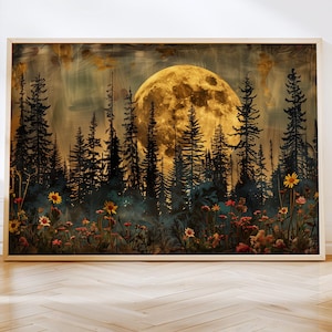 Dark Forest Moon Poster Mystische Natur Landschaft Gothic Boho Dekor Große Leinwand Stimmungsvoll Wald Kunstwerk Vollmond Wohnzimmer Wandkunst