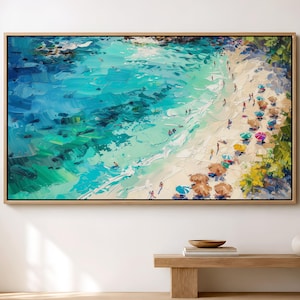 Ozean-Kunstdruck: Winzige Menschen schwimmen, Küstenansicht aus der Luft, tropische Strand-Wandkunst, Ozean-Gemälde-Druck, Strandhaus-Dekoration
