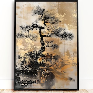 Póster de árbol bonsái, pintura en tinta, arte mural japonés minimalista, impresión zen serena, decoración tranquila de naturaleza, estilo asiático moderno.