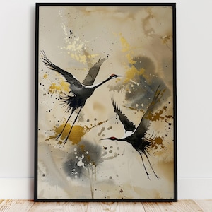 Japandi Crane Poster, minimalistische japanische Tinte Kraniche fliegende Malerei Wandkunst Wabi Sabi Zen Dekor Neutral modernes Boho ästhetisches Kunstwerk