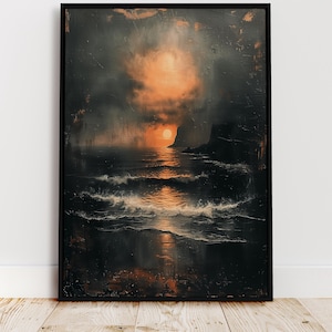 Stampa murale di paesaggio marino con tramonto sull'oceano malinconico, paesaggio di spiaggia tempestosa, opera d'arte costiera scura, decorazione gotica della natura per la casa