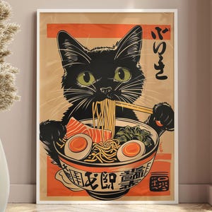 Kawaii Katzen Ramen Poster Retro Japanische Wand Kunst Schrullige Katze Druck Einzigartiges Katzen Liebhaber Geschenk Vintage Küche Dekor Süße Katze Ramen Illustration
