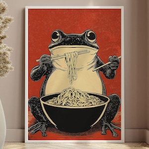 Poster Ramen Ramen retrò, Stampa Ramen Ramen originale, Decorazione da parete con noodles giapponesi, Illustrazione divertente di una rana Ramen, Stampa Anfibio