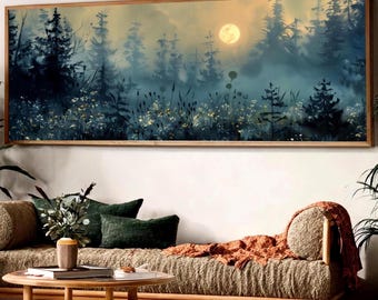 Cuadro de pared grande con diseño de bosque, paisaje boscoso, arte de pared de bosque oscuro, lienzo horizontal grande y ancho, arte para colocar encima del sofá.