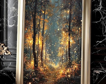 Arte de bosque mágico, luces de hadas brillantes, decoración de bosque encantado, impresión artística de noche mística, impresión de bosque encantado, póster de luciérnaga de naturaleza ingeniosa