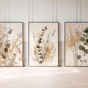 Botanical Wall Art Set of 3, Neutral Minimalist Prints, Scandinavian Bedroom Decor, Eucalyptus Triptych, Boho Living Room Wall Art