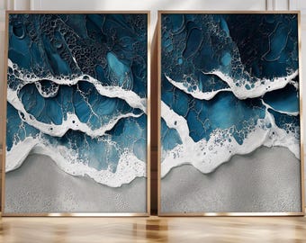 Blue Ocean Diptych Wall Art Set of Abstract Coastal Painting Prints Textured Sea Art, Aerial View Beach, Neutral Wall Decor