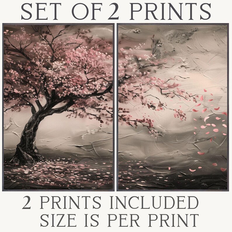 The image is a set of two prints, each depicting a serene landscape with a tree in full bloom and falling petals. The prints are described as "2 PRINTS INCLUDED SIZE IS PER PRINT".