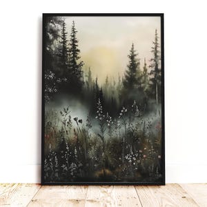 Decorazione murale con stampa Forest Art, foresta malinconica, arte rustica della foresta, scena naturale della foresta nebbiosa, arte floreale scura per il soggiorno, stampa murale malinconica