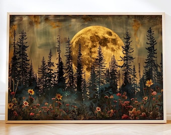 Puede incluir: Una impresión artística rectangular enmarcada que muestra una gran luna llena dorada y texturizada elevándose detrás de un denso bosque de pinos oscuros en silueta. El primer plano presenta un prado vibrante lleno de flores silvestres coloridas.