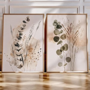 Juego de 2 láminas enmarcadas de arte botánico para pared, decoración escandinava para dormitorio, díptico de eucalipto, láminas minimalistas neutras, arte de pared bohemio para sala de estar.