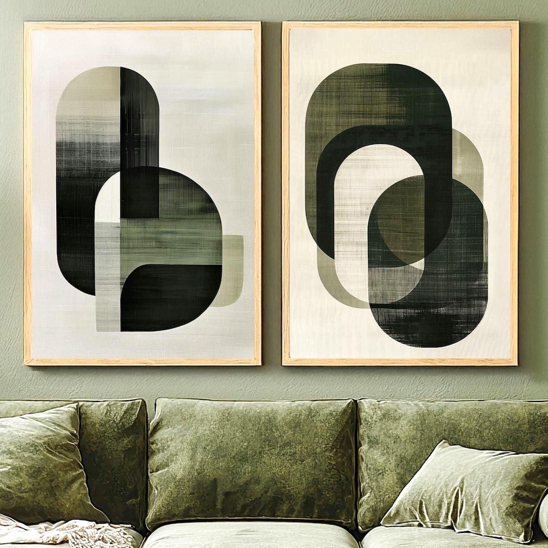 Abstract Green Wall Art Set of 2 Minimalist Wall Art Modern Geometric ...