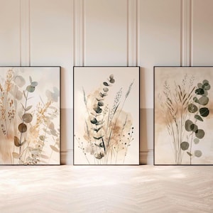 Set di 3 quadri botanici da parete con cornice, stampe minimaliste neutre, decorazioni scandinave per la camera da letto, trittico di eucalipto, arte da parete boho per il soggiorno.