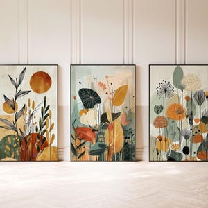 Conjunto de 3 pósteres de arte mural botánico bohemio, decoración de pared minimalista moderna, decoración floral escandinava para sala de estar, conjunto de estampado floral abstracto