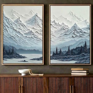 Snow Mountain Wall Art Set of 2 Blue & Grey Landscape Diptych Paper-Cut Style Minimalist Nature Print Scandinavian Wall Art Mountain Print