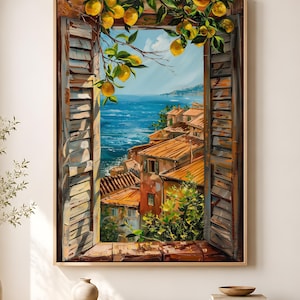 Open Window Art Mediterranean Coastal Painting Blue Sea and Terracotta Roofs Impasto Style Print Lemon Tree Country Home Decor