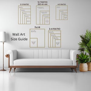 The image is a wall art size guide, featuring a white sofa and a potted plant in a living room setting. The wall art displays the sizes of various frames in different ratios, providing a visual reference for selecting the appropriate frame size for different artworks.